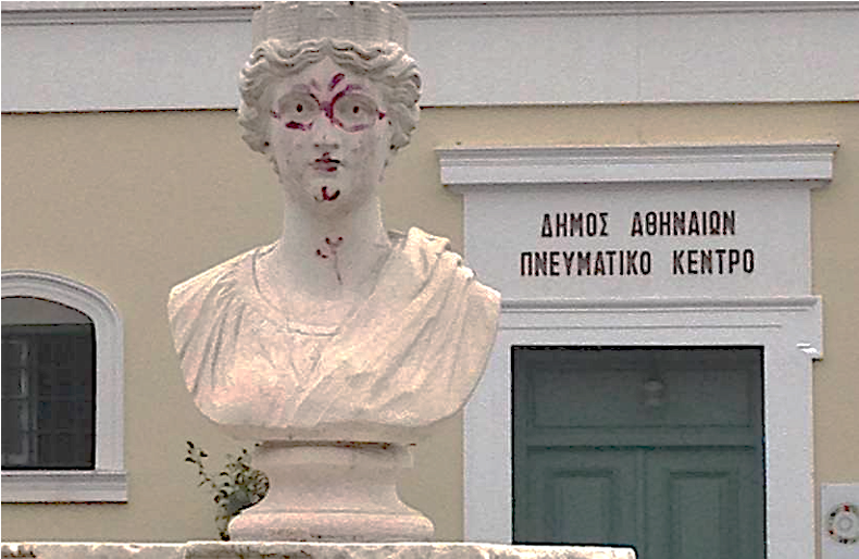 Athena bust marked with marker in Solonos Street (2016) © Barbara Kondilis